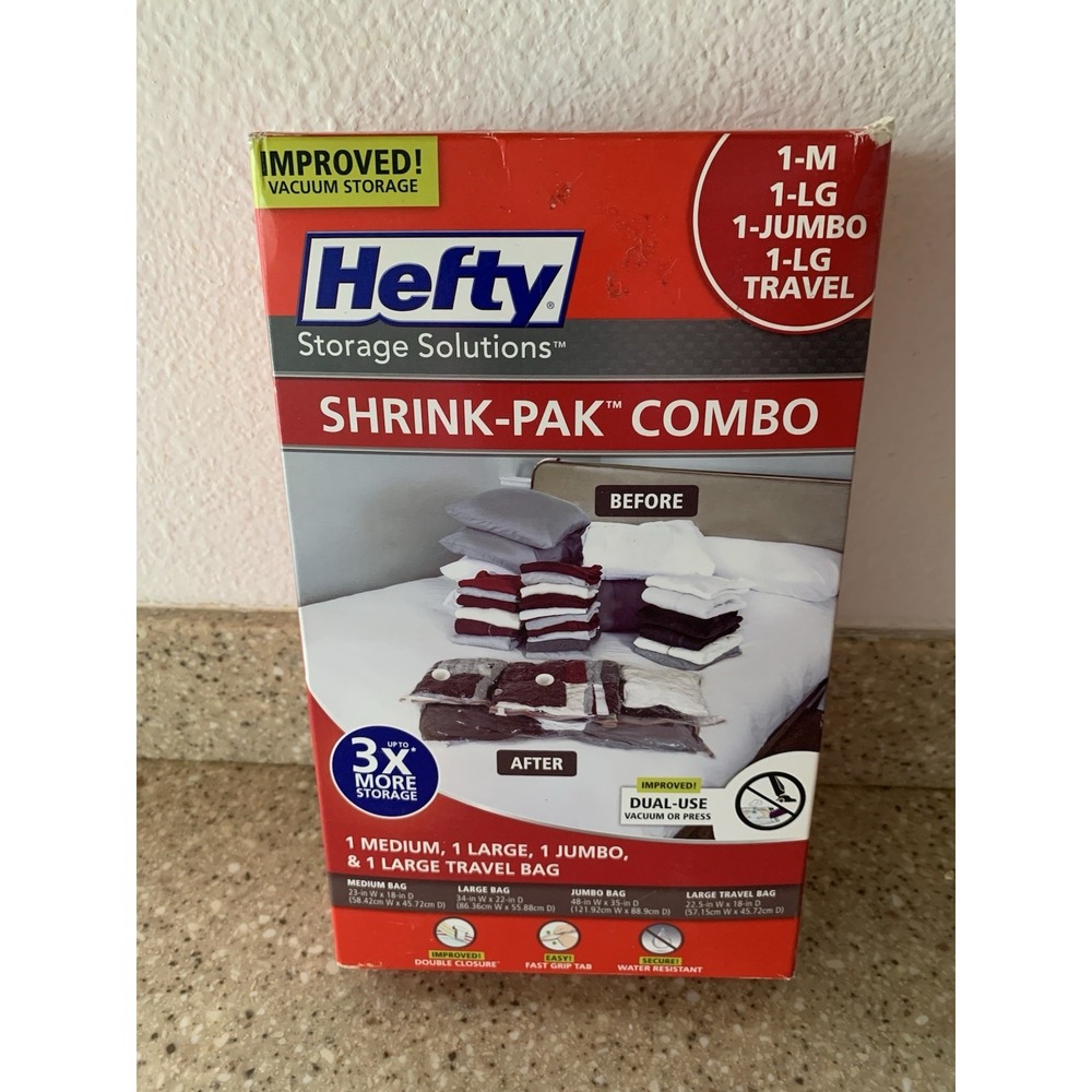 Hefty Shrink Pak Combo - 1 Medium, 1 Large, 1 Jumbo, 1 Large Travel Bag NEW
